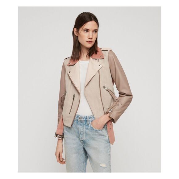All Saints Jackets & Blazers - AllSaints Size 4 Balfern Biker Jacket Suede Leather Moto Cream Pink Mix